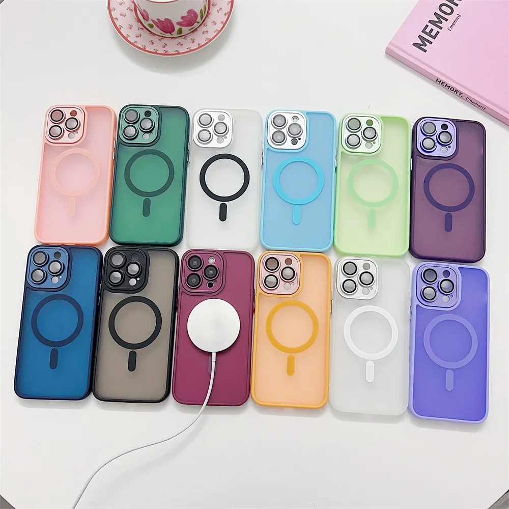 

Color Magnetic Phone Case For iPhone 15 Pro 12 13 14 Pro Max 14pro Cover with Camera Lens Protector Half Clear Cases for Magsafe