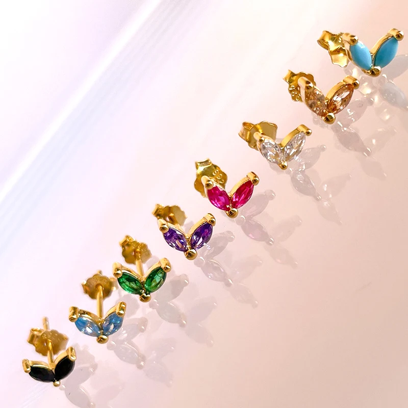 925 Sterling Silver Ear Needle Crystal Zircon Multi-Color Studs Series Water Drop Leaf Shaped Earrings Exquisite Fashion Jewelry