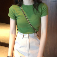 Pure Color Slim Fit Short Sleeve T-shirt Women Summer Tea Green Tight Top Fashionable Casual Style Polyester Fabric
