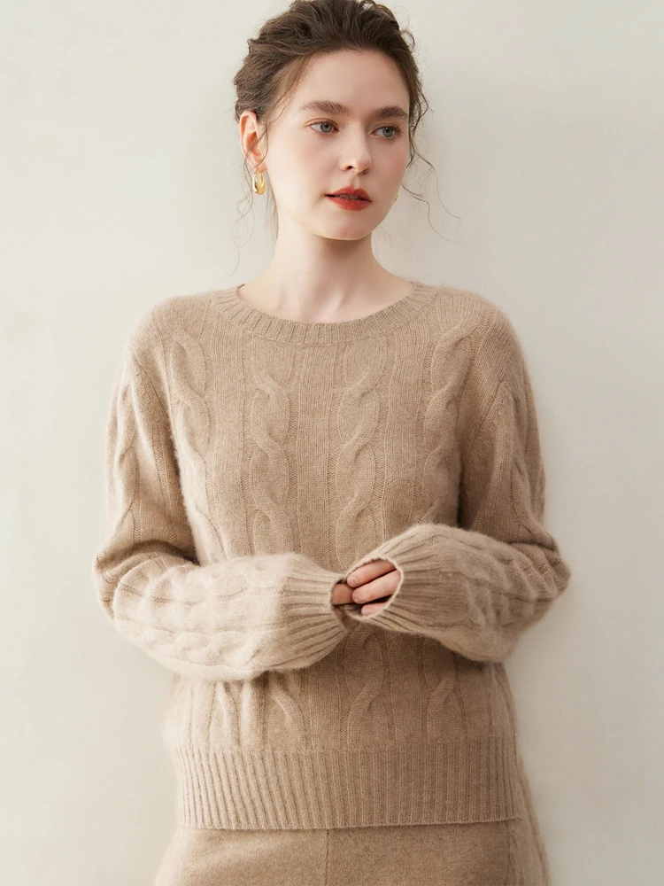Женский осенне-зимний теплый мягкий комфортный толстый 100% кашемировый вязаный свитер с длинными рукавами, пуловер с круглым вырезом, элегантная одежда, топы