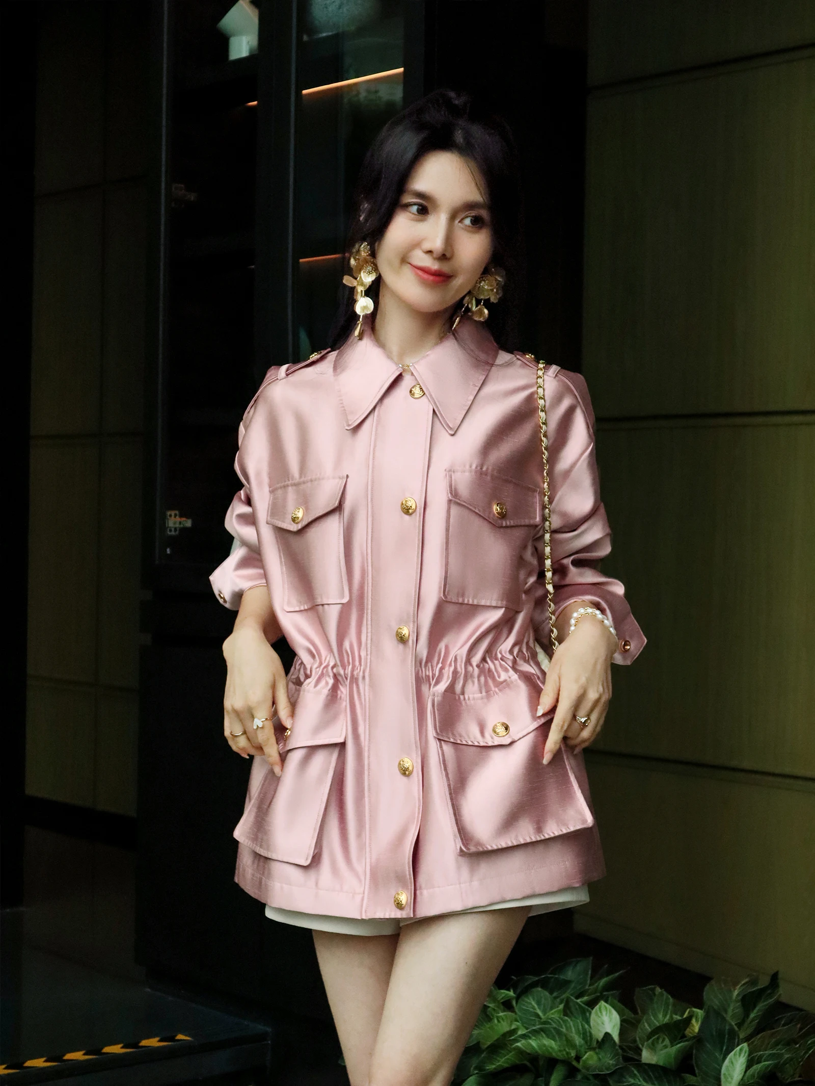 Ele Pink Silk-Mimiing Loose Women's Workwear Jaet Faionable mat Design Luxury Feel ort Outerwear Coat