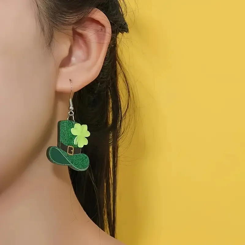 St. Patrick\'s Day Green Hat Clover Decor Bling Bling Dangle Earrings Cute Vacation Style Lucky Female Earrings