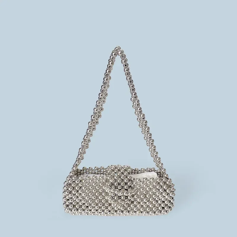 

New Niche Design Shiny Bead Flip Small Square Bag Handmade Chain Single Shoulder Hand-held Versatile Woven Casual Women's Bags