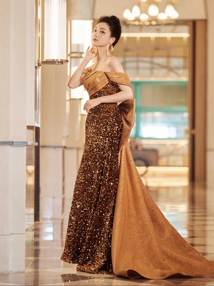 

High-End Fishtail Toast Dress off-Shoulder Evening Sequined Socialite Engagement Trailing