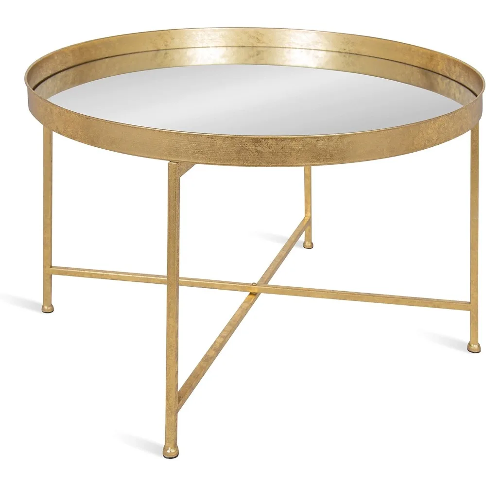 

Celia Metal Foldable Round Accent Coffee Table, 28.25" x 28.25" x 19", Mirrored Surface and Gold Frame, Modern Minimalist