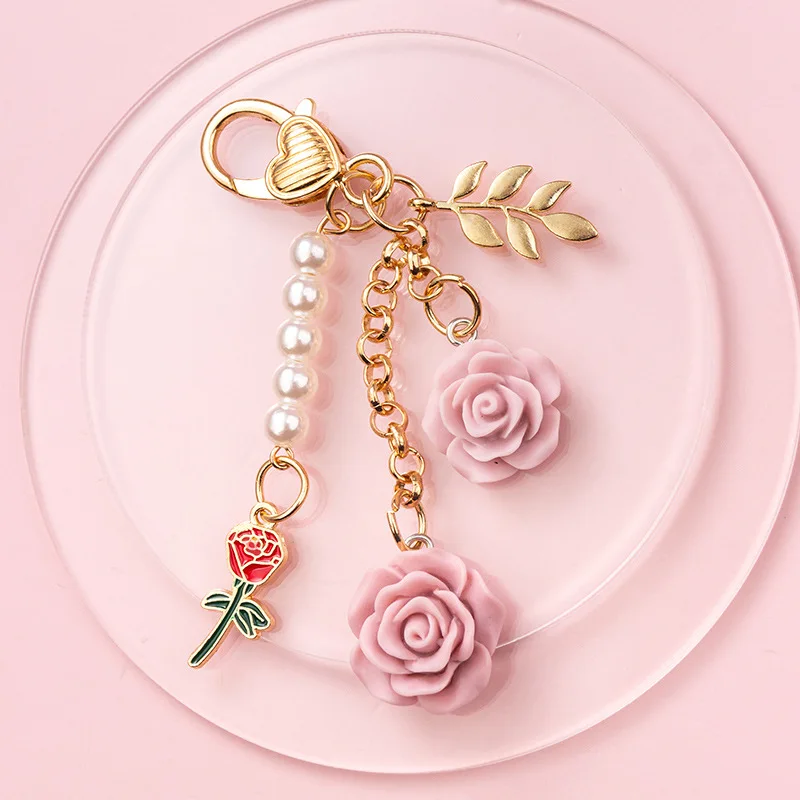 3D Rose Camellia Car Keychain Women Sweet Pearl Tassel Flower Keyring With Metal Leaf Bag Decoration Car Interior Accessories