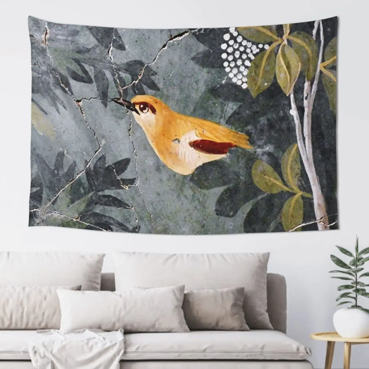 

POMPEII COLLECTION / BIRD AMONG TREE LEAVESIN THE GARDEN ,GREEN FLORAL Tapestry Art Mural Tapestry