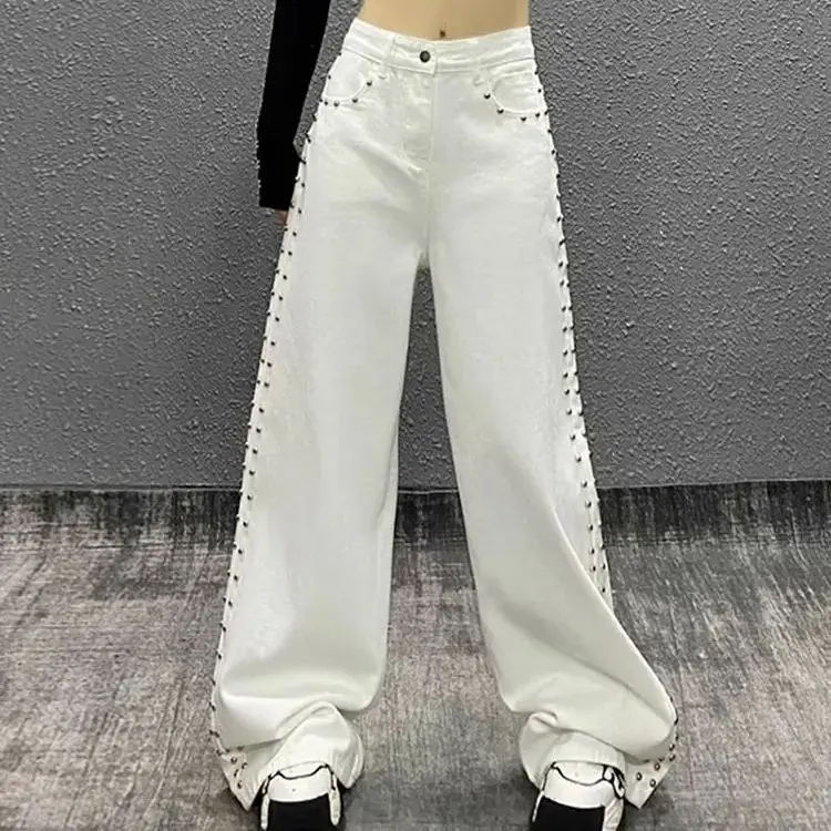 

American Beaded White Jeans Women Spring Summer 2025 New Niche Design Hot Girl Loose Draping Versatile Floor Trousers