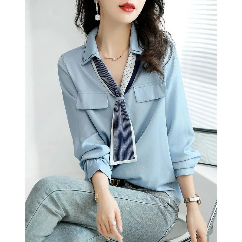 2024 Spring and Autumn New Elegant Women\'s Chiffon Shirt Fashion Long Sleeve Shirt Women\'s Inner Base Shirt Loose Blouse