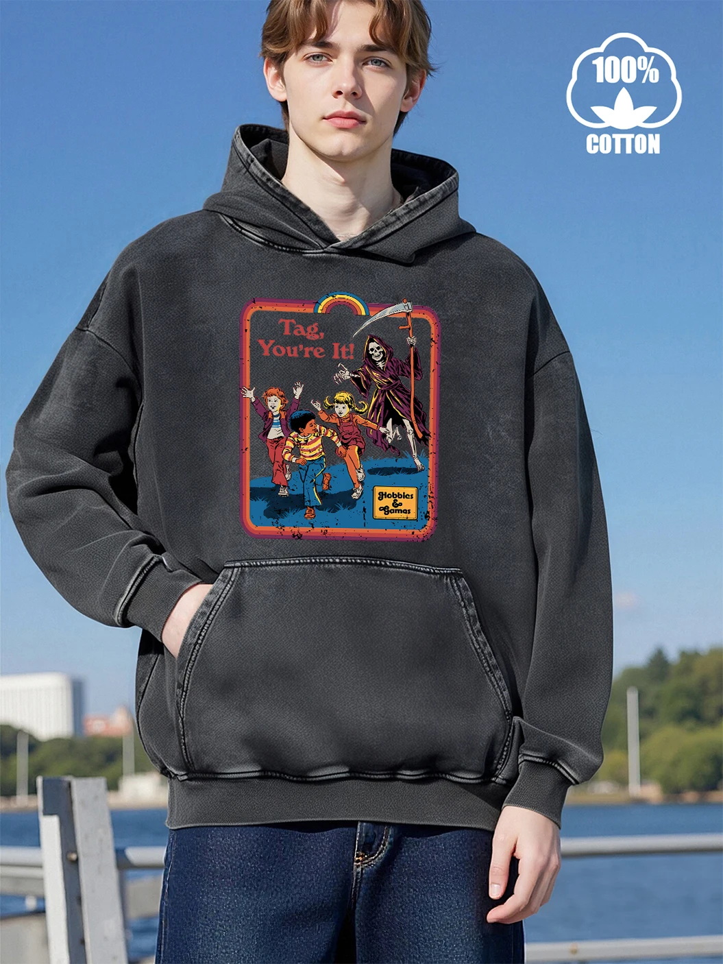 The Child Chased By The Skeleton Print Men Washed Sweatshirt Hip Hop Loose Streetwear Cotton Comfortable Hoody Soft Autumn Tops