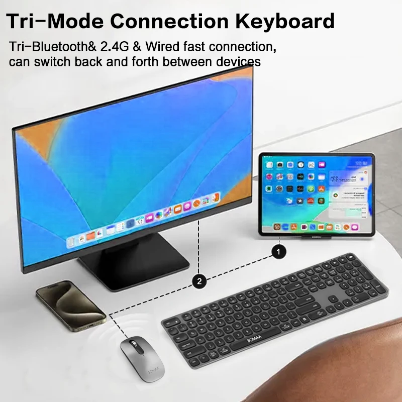 Ergonomic Bluetooth&2.4G&Wired Aluminum alloy Keyboard Mouse Set,Rechargeable 112 Key Wireless Keyboard Set for Window/Mac OS