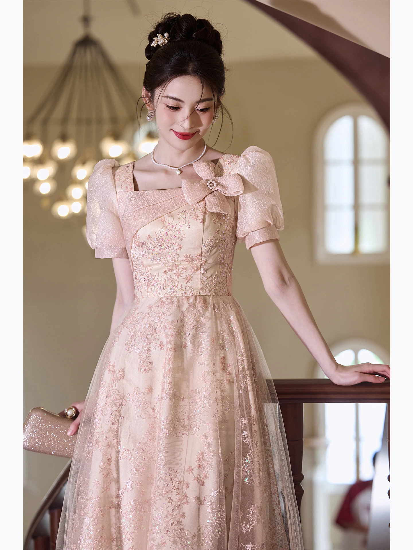 

Exquisite Engagement Evening Gown Women's High-End Luxury Fairy T Dr Small Size Host Performance Costume Princ Sle...