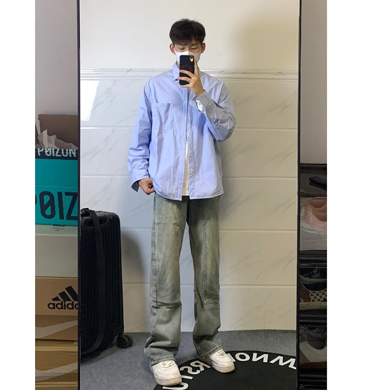 

Ретро-джинсы в американском стиле для мужчин: осенне-зимние модные светло-голубые рабочие брюки, стильные джинсы из смесового хлопка в уличном стиле