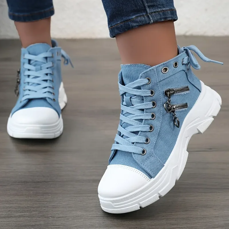 2024 New Women Plus Sizes Sneakers High Top Female Denim Canvas Shoes Thick Sole Girls Students Ankle Canvas Boots Lace Up