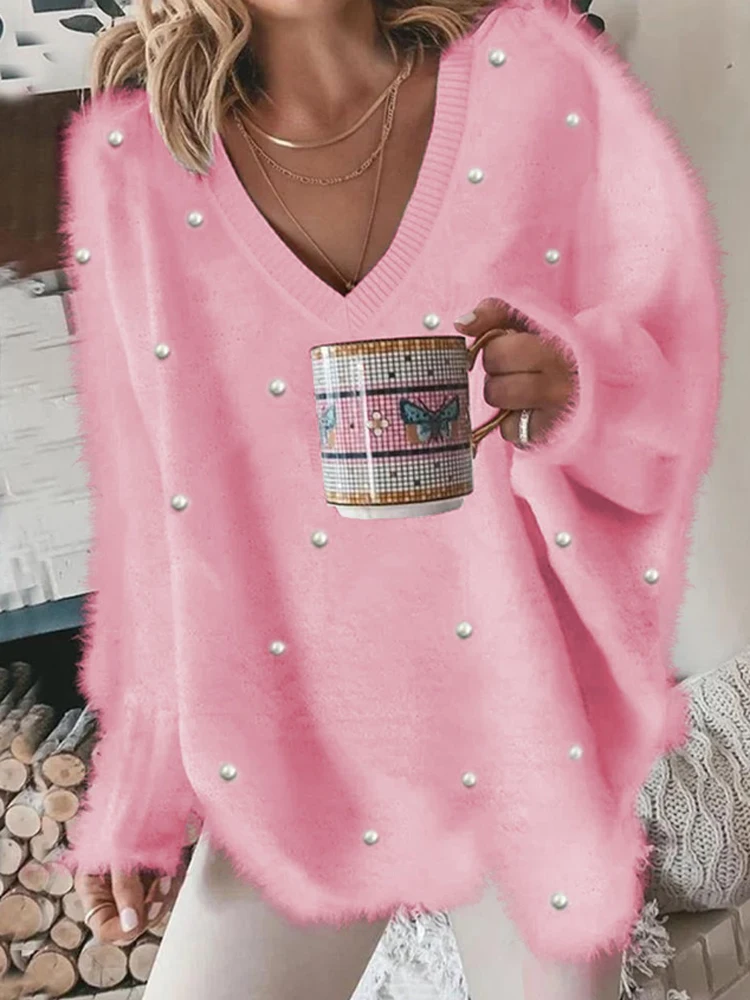 Women\'s Pullover Sweater Jumper Ribbed Knit Oversized Solid Color V Neck Stylish Casual Outdoor Daily Fall Winter