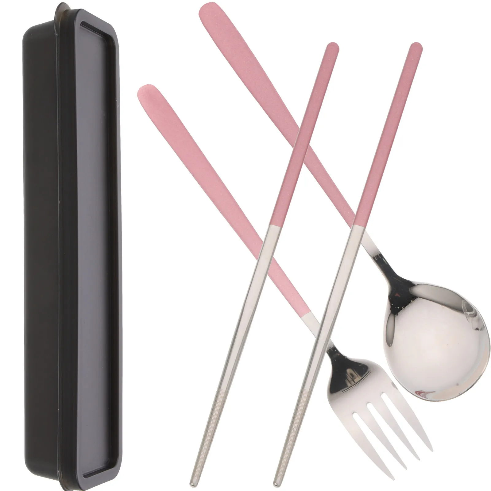 1Set Portable Tableware Kit Stainless Steel Travel Utensils Set with Case Fork Spoon Chopsticks Straw Cleaning Brush Safe