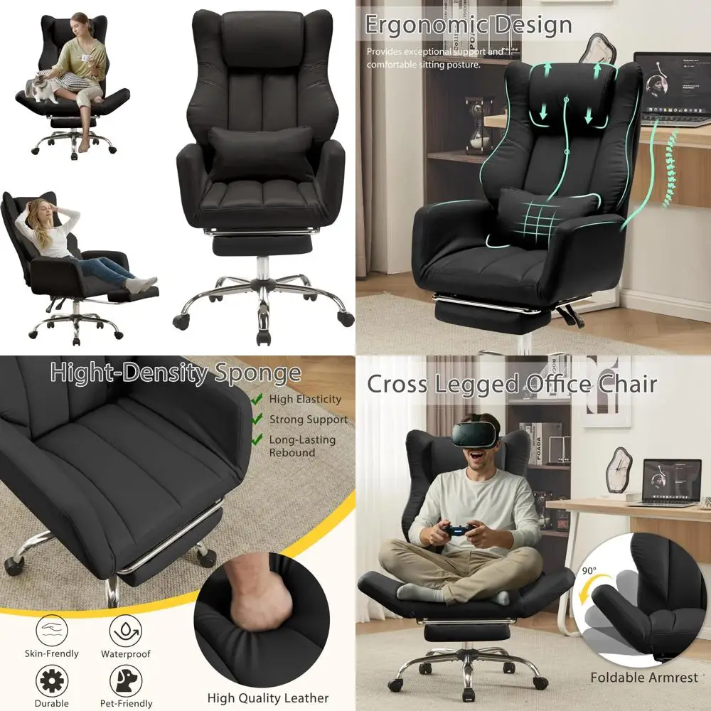 Silla de oficina ergonómica con patas cruzadas para grandes y altas con reposapiés, asiento ejecutivo de cuero, reposabrazos reversibles, soporte lumbar