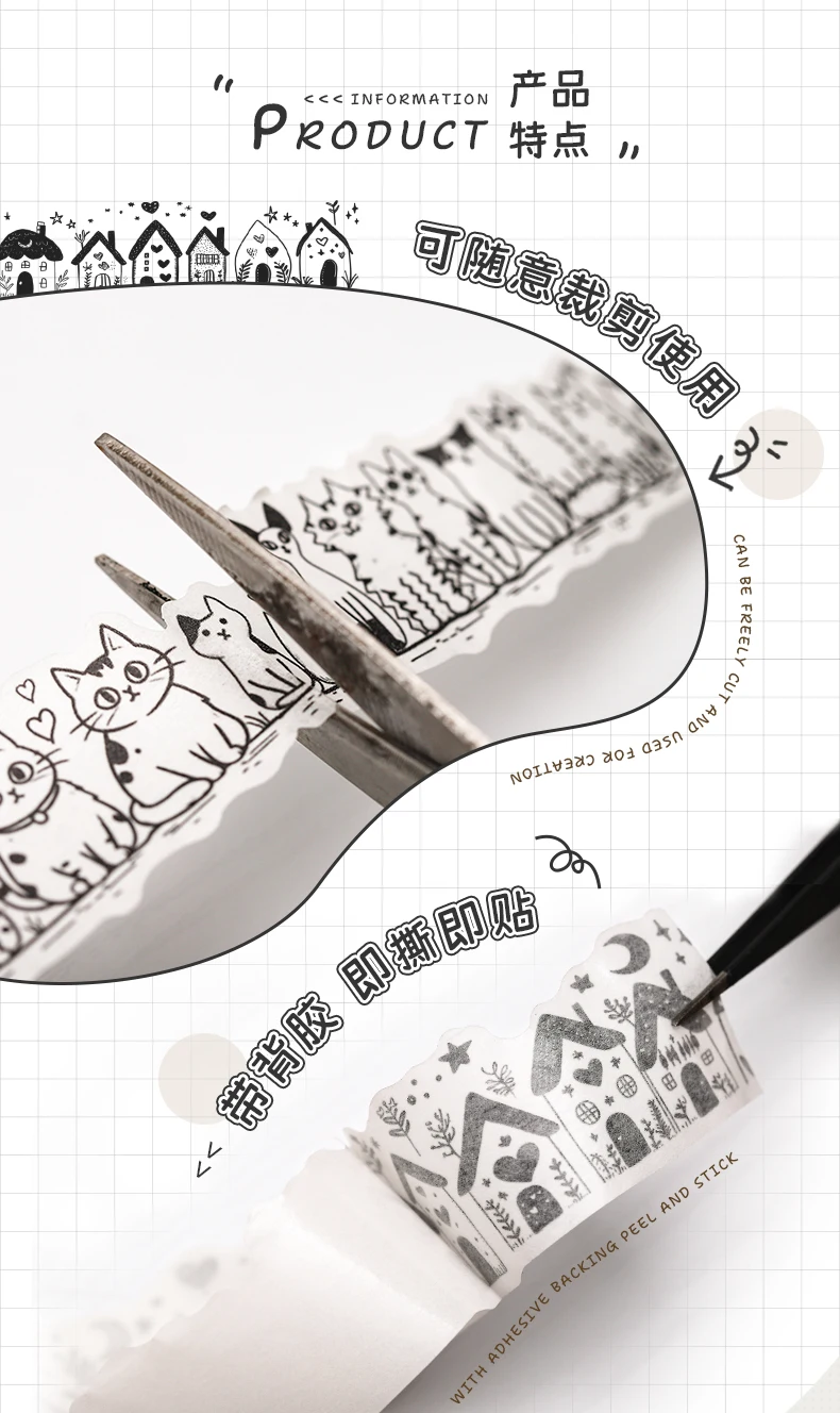Journal GO 3cmx2m Kawaii Schwarz-Weiß Niedliches Lebenssticker Washi Tape DIY Scrapbook Journal Tagebuch Album Schreibwaren Masking Tape – Detail 11