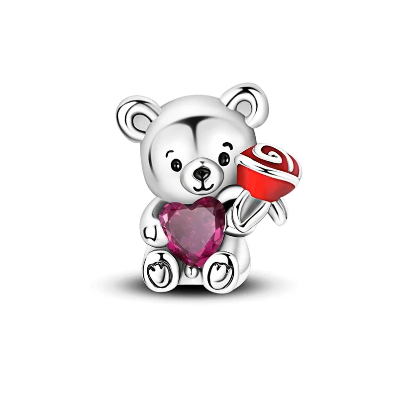 Charms Silver 925 Sweet Little Bear Rose Pollen Heart Beads Fit Charms Plata 925 Original Bracelet Women Jewellery Making Gifts