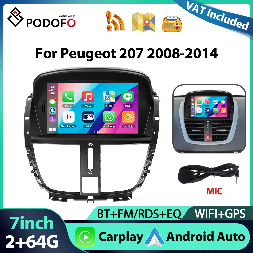 Radio samochodowe Podofo 7'' 2+64G do Peugeot 207 2008-2014, odtwarzacz multimedialny z Carplay, Android Auto, nawigacją GPS, WIFI, FM/RDS, USB, Mirror Link, audio samochodowe