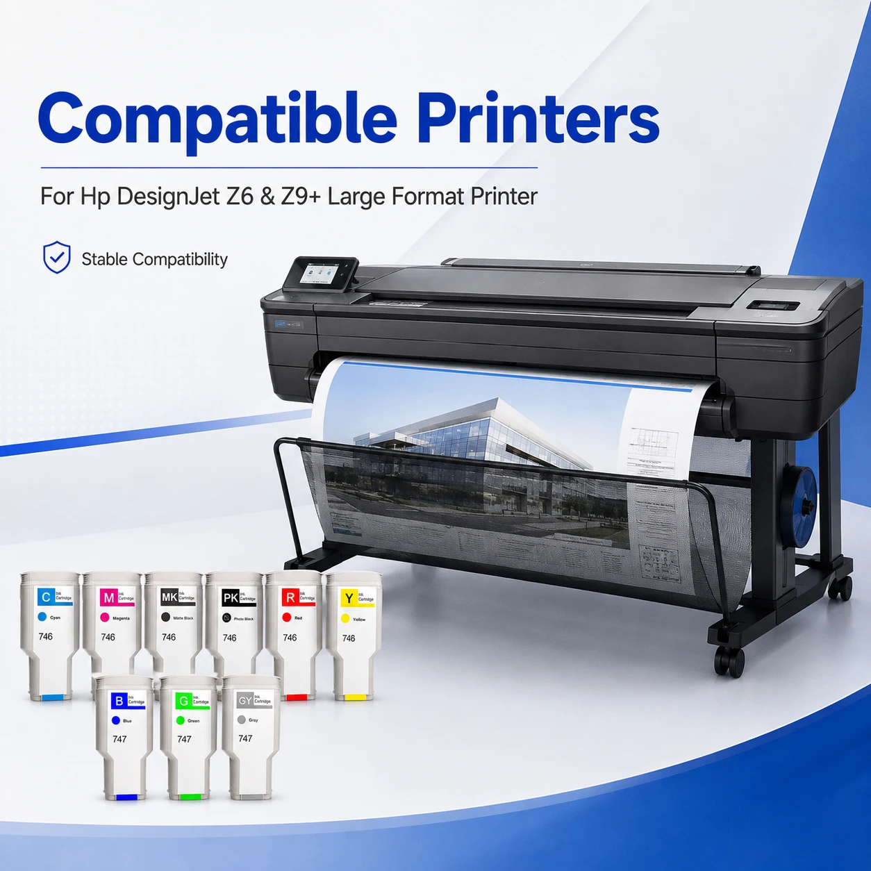For HP 746 747 Compatible Ink Cartridges With 300ML Full Ink Chip For HP DesignJet Z6 Z9+ Printer 9Colors Plug and Play