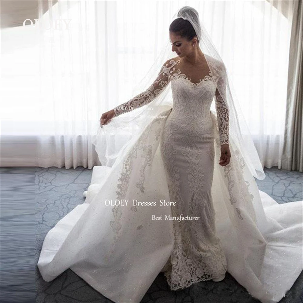 OLOEY Exquisite Ivory Mermaid Lace Wedding Dress With Detachable Long Train Bow Long Sleeves Bridal Gown O Neck Custom Made