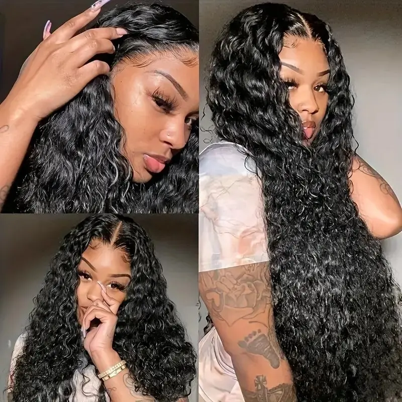 Natural Black 13x6 Lace Front  18 38 Inch Deep Wave Glueless 150% Curly Frontal Full Wig For Women Human Hair Wigs