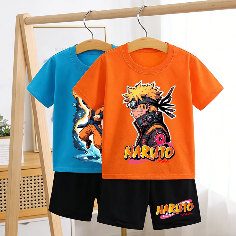 Naruto Jungen Mädchen T-Shirt Set Cartoon Tees Anime Cartoon Kinder Baumwolle Kurzarm Shorts 2-teiliges Set Kinder Mode Sommerkleidung