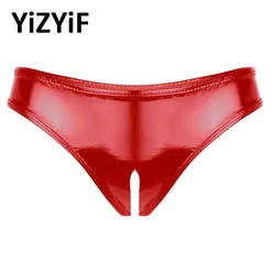Sexy Womens Lingerie Wetlook Faux Leather Open Crotchless Hollow Out Mini Briefs Underwear Underpants Panties