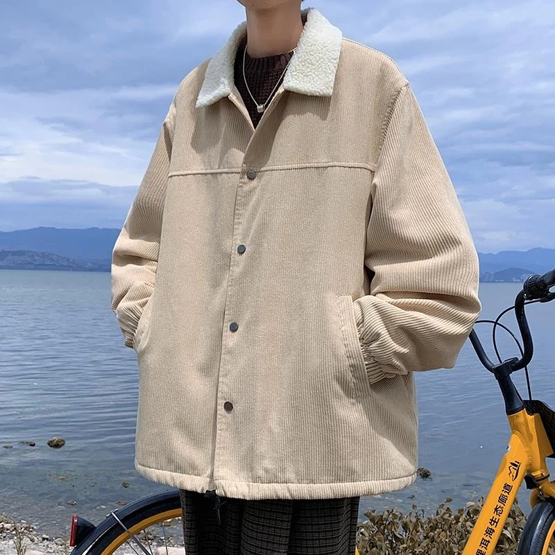 

Thiened Corduroy Jaet Men's Winter Fce Lined eepskin Cotton American Retro Trendy Brand Cotton Coat Lamb Fur Cotton ...