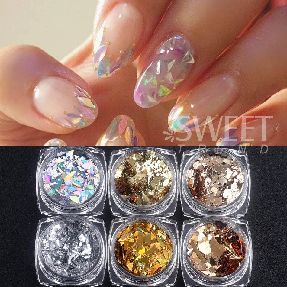 6pcs Irregular Aurora Nail Glitter Flakes Iridescent Gold Silver Mix Sparkly Broken Slices Sequin DIY Charms Manicure Decoration