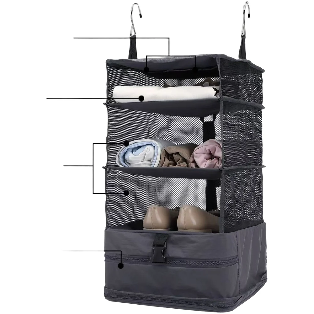 Travel Hanging Organizer Bag 30x30x65.5cm for Underwear Bras Clothes Shoes Featuring Visual Mesh Panels and Space Saving Fold