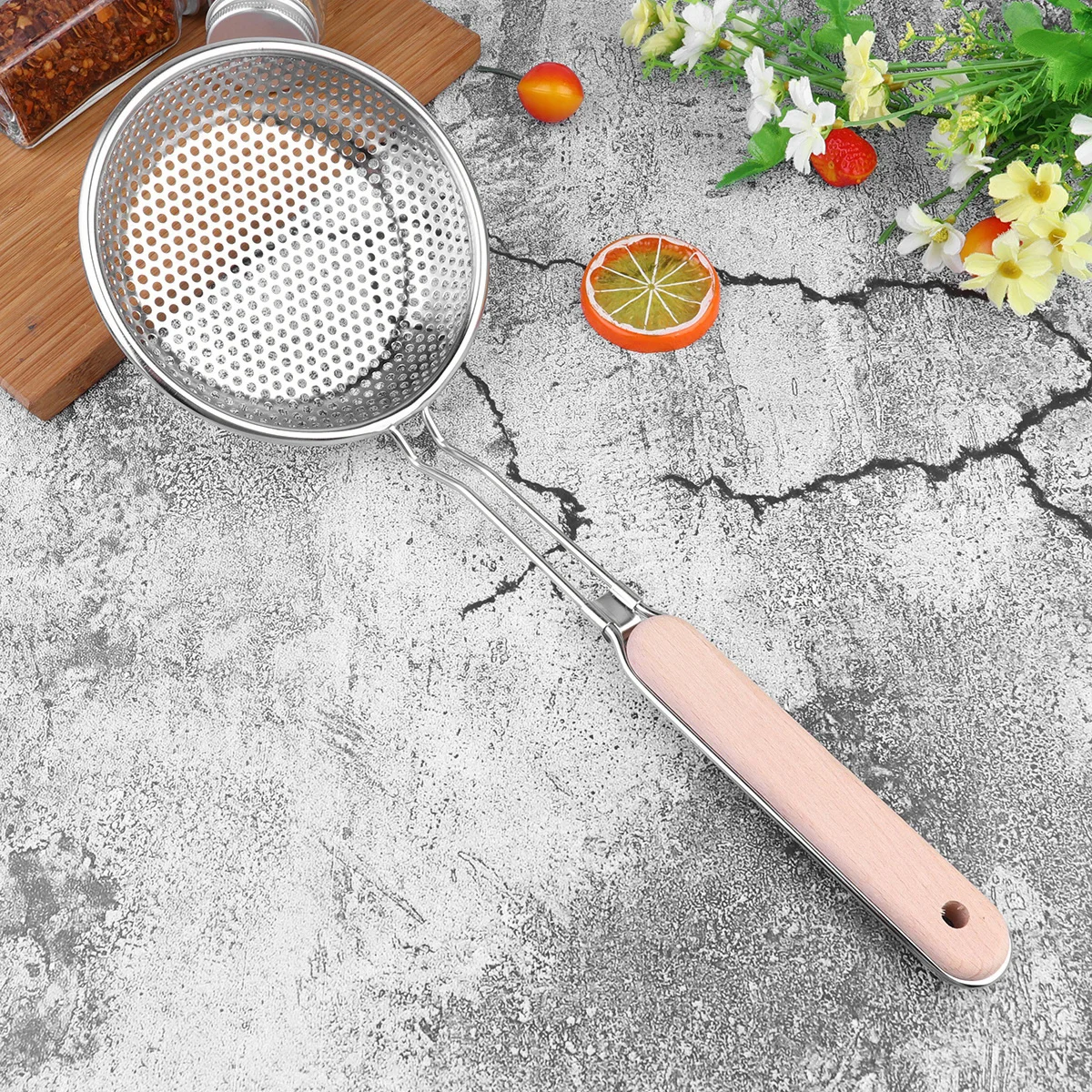 

16cm Stainless Steel Perforated Skimmer with Heat Resistant Wood Handle Net Basket for Fried Food Home Kitchen