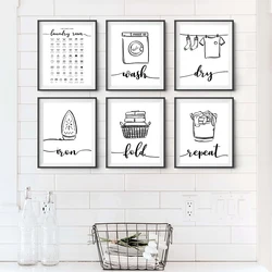 Minimalist Black and White Stick Figure Wall Posters and Prints Canvas Painting Unframed Pictures for Laundry and Washroom Decor