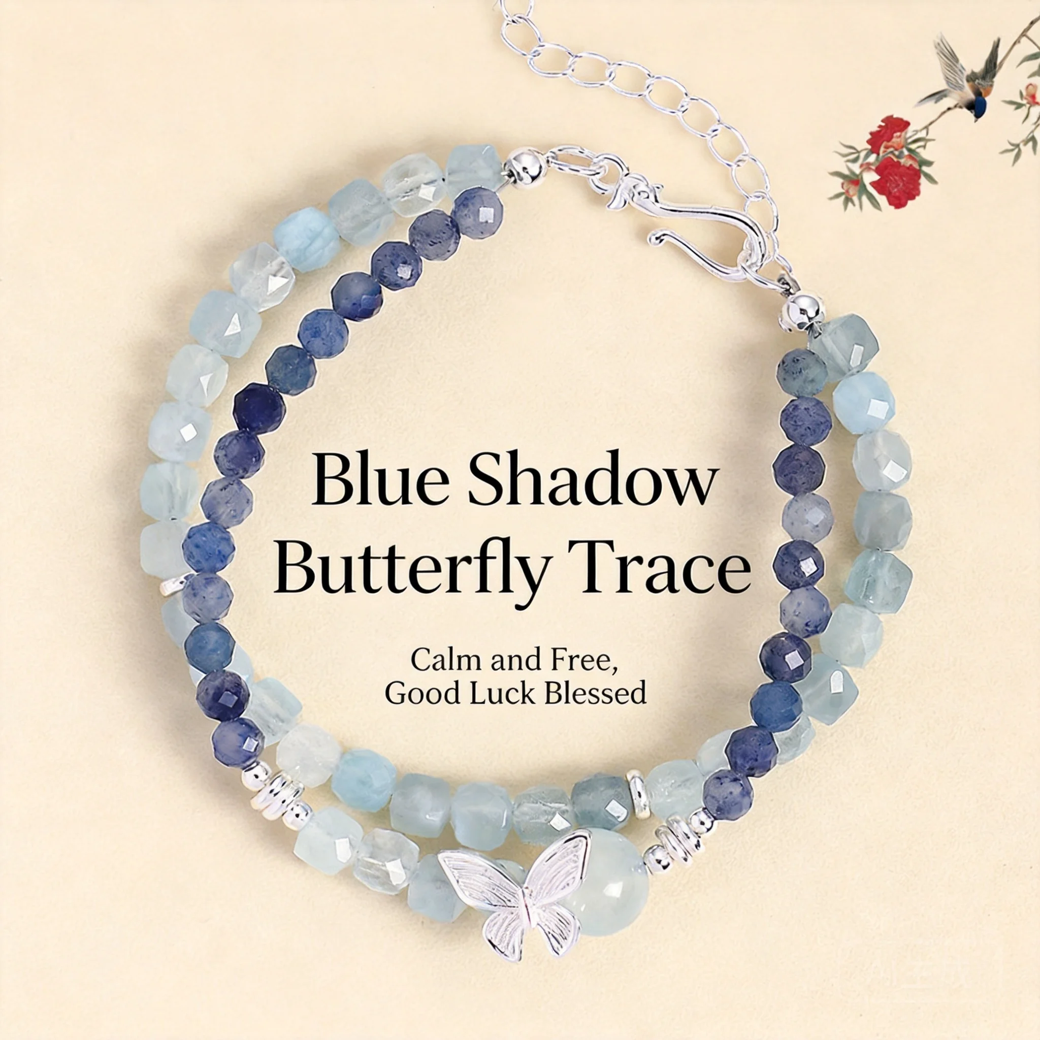 Chinese Style Lucky Blessing Natural Aquamarine Kyanite Prehnite Green Aventurine Beaded Butterfly Bracelet For Women Good Fortu