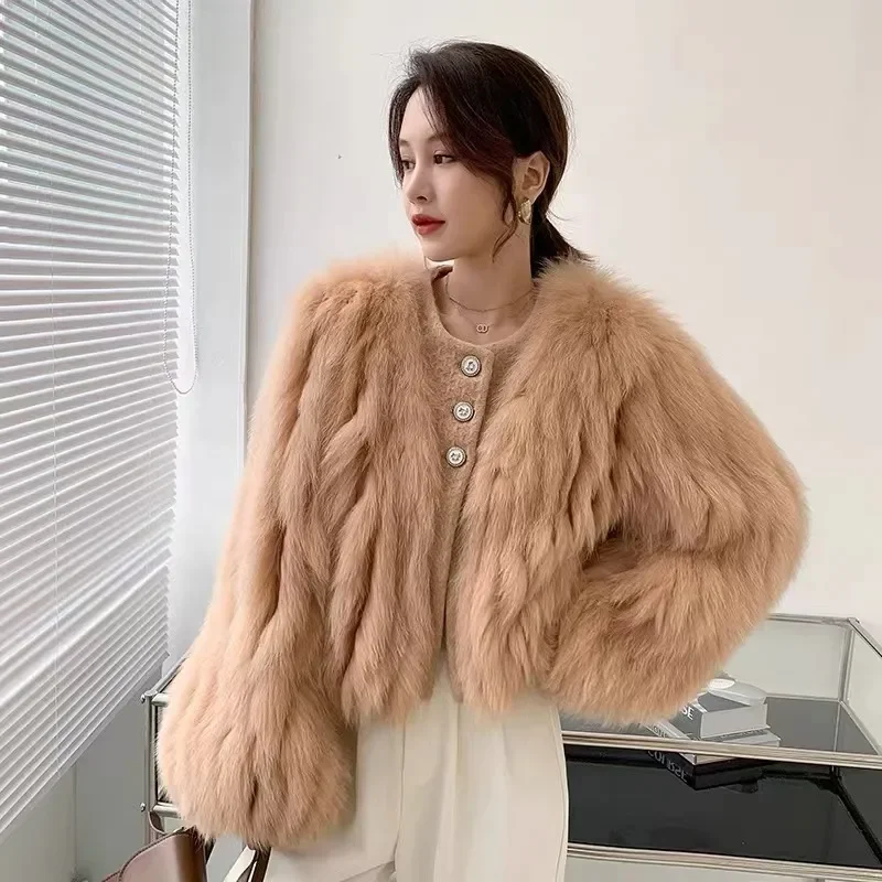 Fox Fur Jacketผู้หญิงสั้นOutwearฤดูใบไม้ร่วงฤดูหนาวใหม่เกาหลีAll-Matchปุ่มหนาเสื้อหลวมแขนยาวWarm Fur Coat