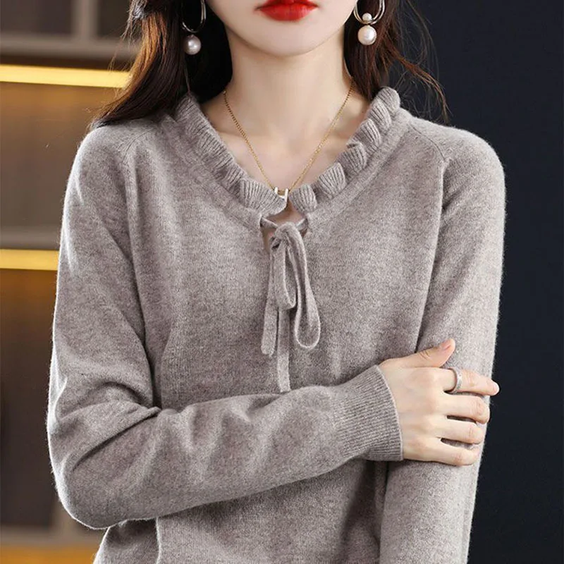 Fashion V-Neck Lace Up Bow Ruffles All-match Sweater Women Clothing 2022 Autumn New Oversized Casual Pullovers Loose Sweet Tops