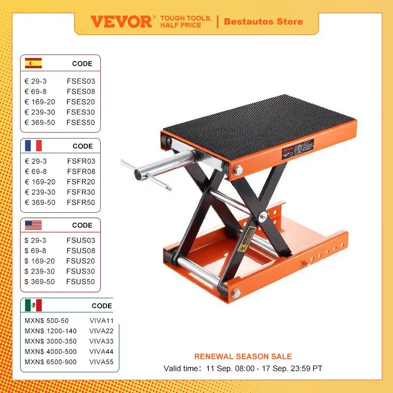 VEVOR Motorcycle Lift 350/1100/1500 LBS Capacity Motorcycle Scissor Lift Jack with Wide Deck & Safety Pin for Bikes Motorcycles