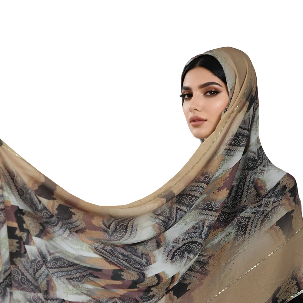 Foulard arabe en mousseline de soie pour femmes, imprimé strass doux, Beige marron gris artistique Hijab2519
