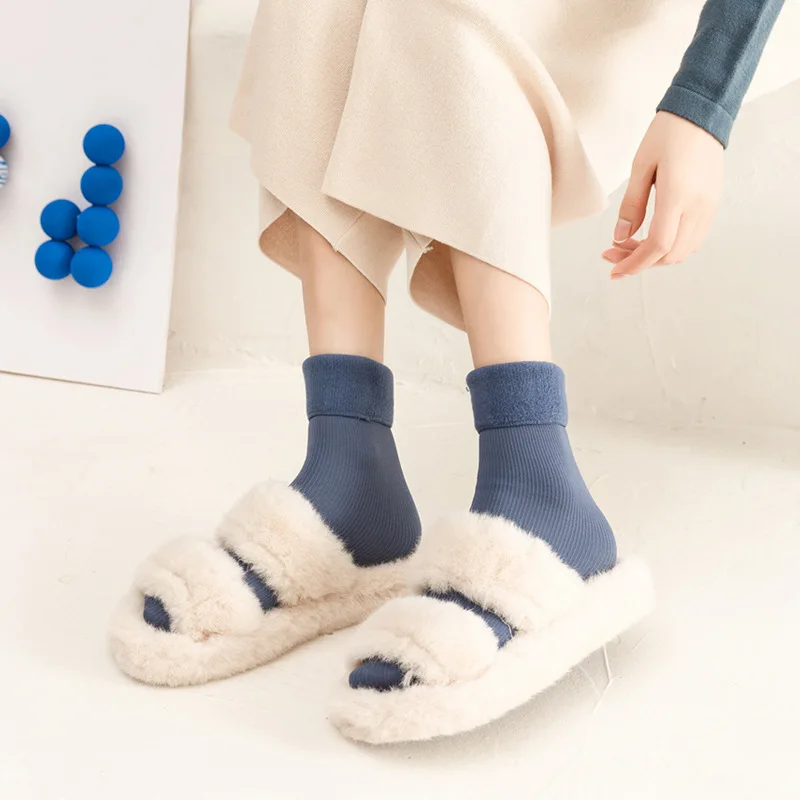 1 Paar Damen Thermo-gefütterte Crew-Socken, einfarbig, weich, gerippt, Thermo-Wadensocken, Damen-Rollmanschette, dicke, weiche Wintersocken – Detail 3