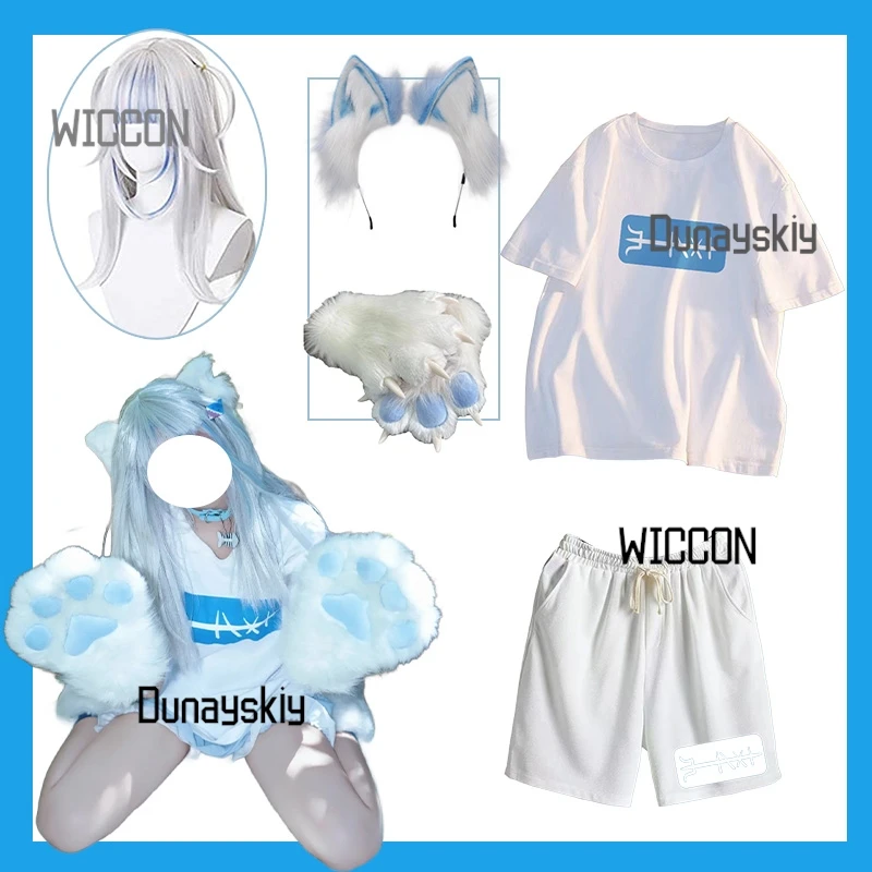 

Gawr Gura Cosplay set Shark Ear Hair Clip Paw Gloves Blue Short Sleeve Shorts wig Set Cute VTuber Hololive Costume Summer Anime