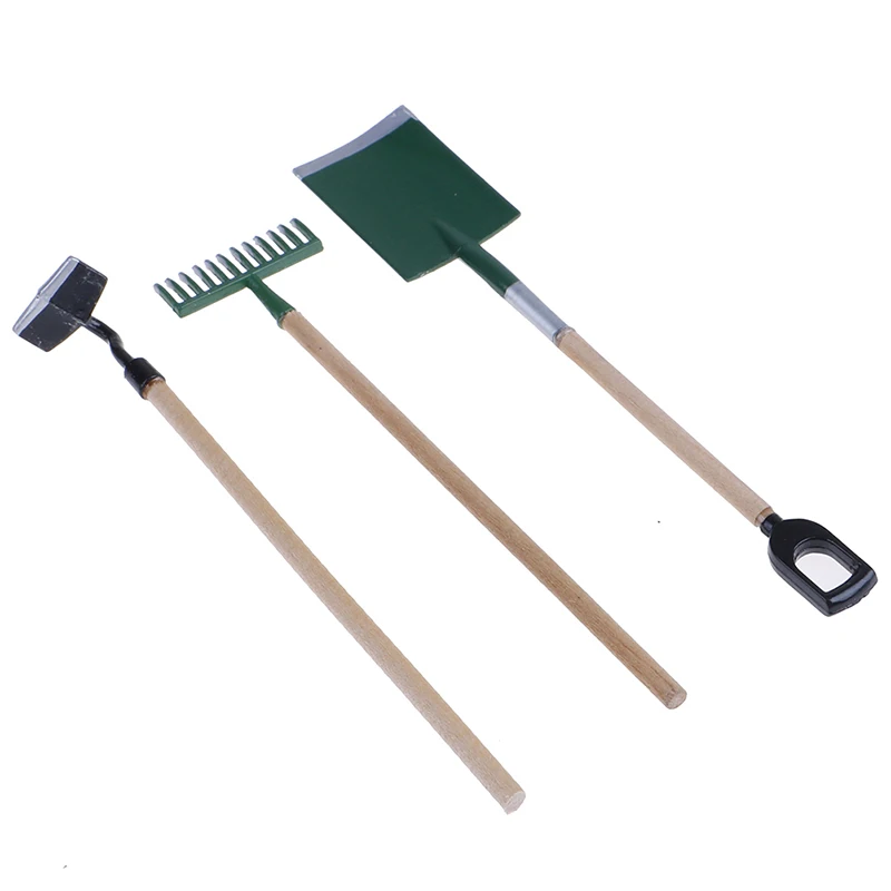 3Pcs 1:12 Mini Metal Spade Rake Hoe Set Dollhouse Garden Farm Scene Miniature Landscape Decor Supply