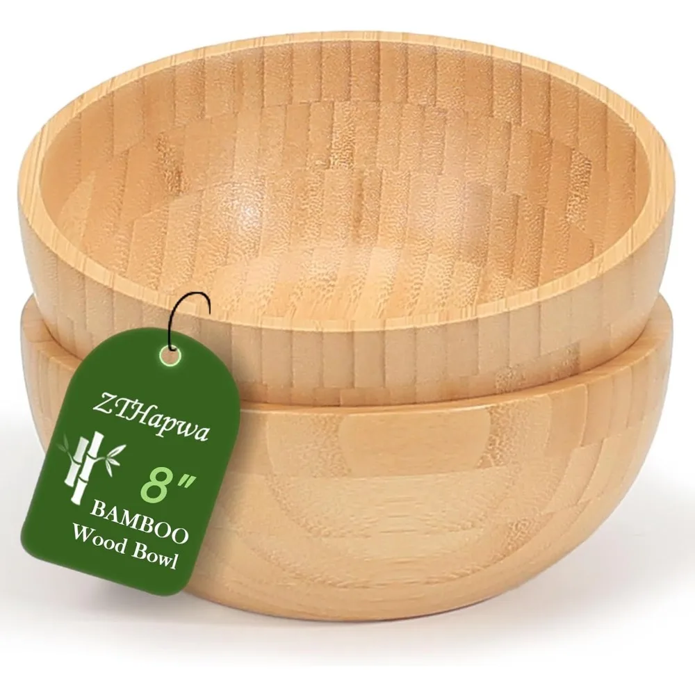 

8-Inch Bamboo Salad Bowls Set of 2, Handcrafted Rustic Serving Bowls for Fruits, Pasta, and Home Decor