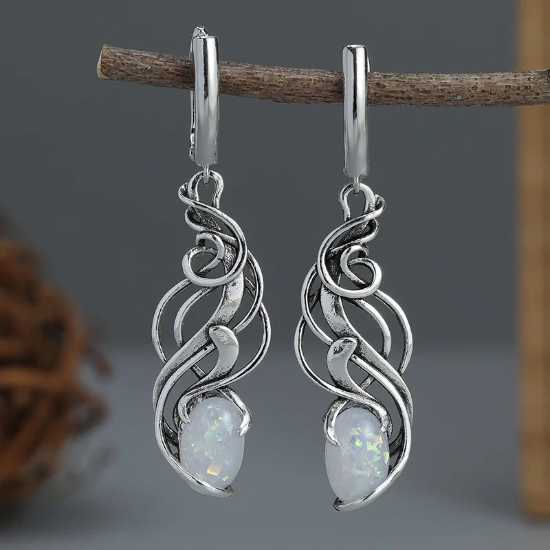 Delicate Oval Shaped Imitation Opal Earrings Classic Vintage Silver Color Metal Dangle Earrings Jewelry
