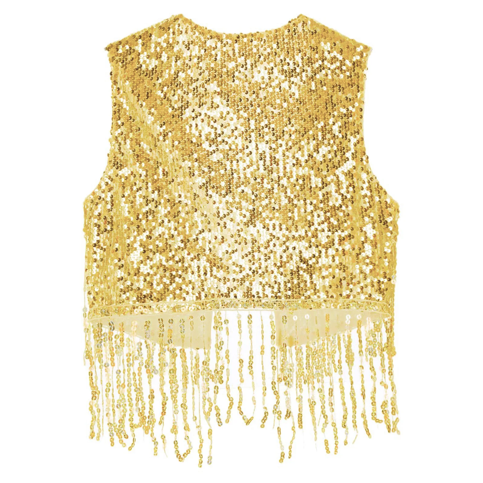 Mens Shiny Sequin Waistcoat Open Front Crop Vest Sleeveless Tassels Fringed Cardigan for Vintage 70s 80s Disco Party Clubwear