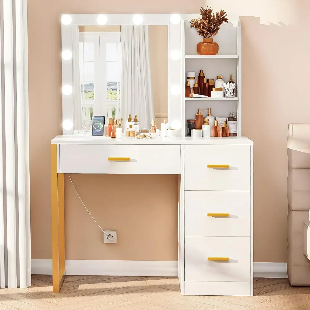 

Vanity Desk with Mirror & Lights, 4 Drawers & Charging Station, Dressing Table with Open Storage Shelves, 3 Color Modes