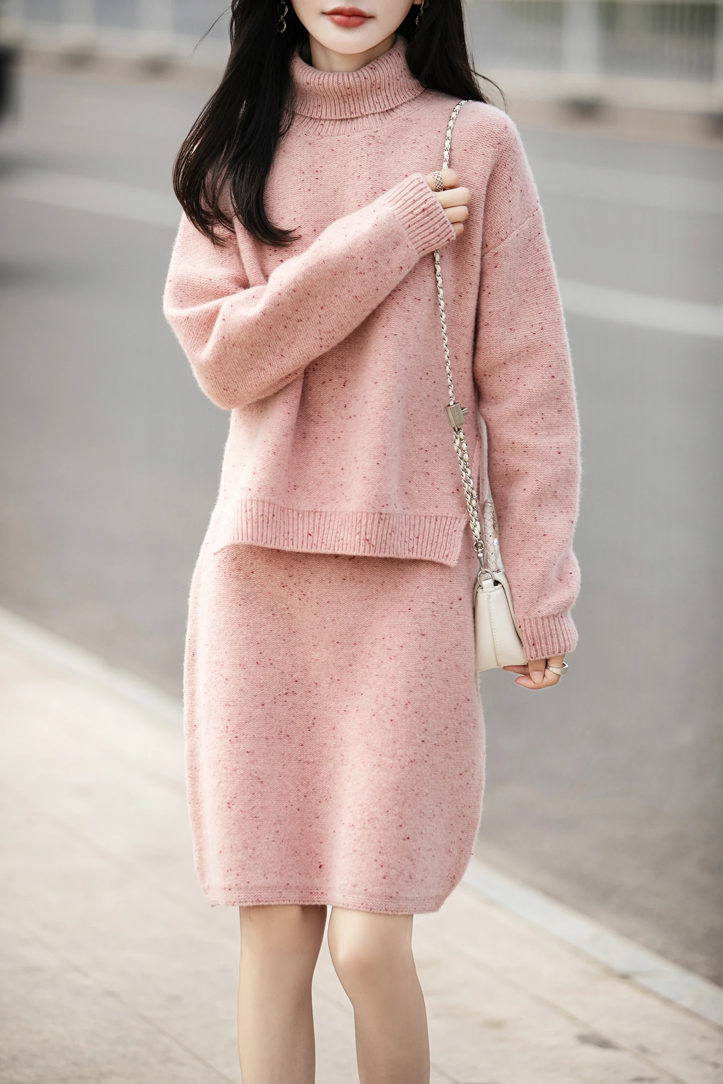 Autumn And Winter New Pure Wool Half-Turtleneck Suit Women's Seven-Needle Padded Sweater With Colored Yarn Sweater