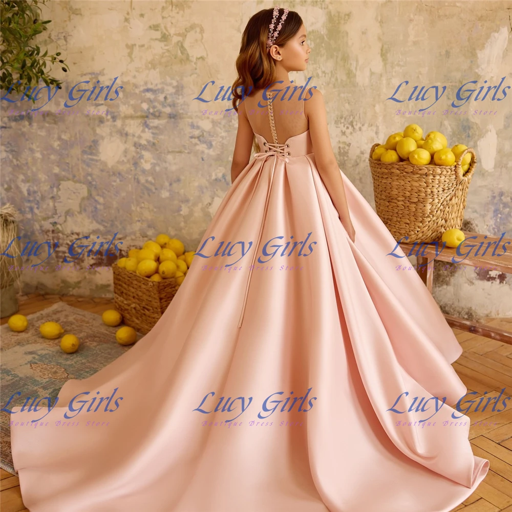 Elegant Flower Girl Dress Pink Satin A-Line Transparent Back For Kids Wedding Birthday Party Evening Ball Gowns Customisable