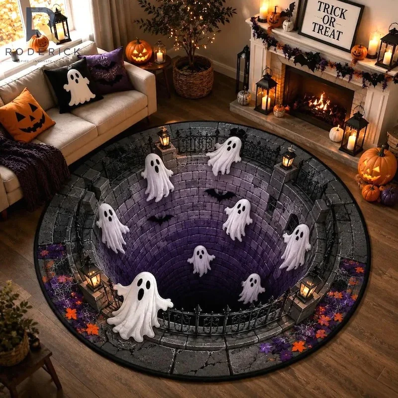 Halloween Ghost Bat Stone Well Printed Carpet Round Carpet Non Slip Rug Indoor Entryway Holiday Party Decor Floor