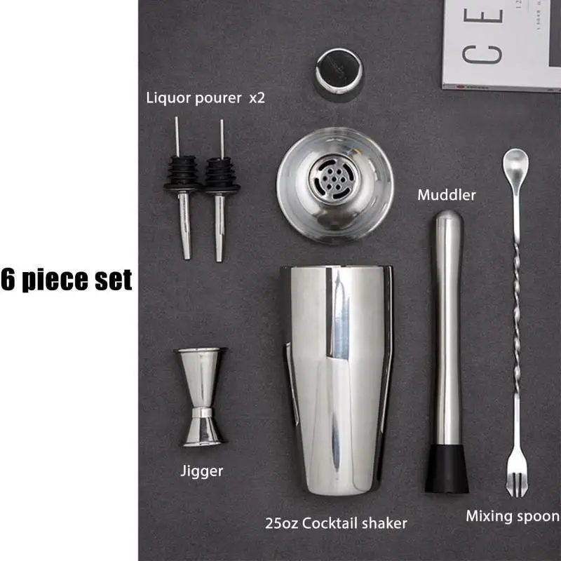 1/6Pcs Stainless Steel Cocktail Shaker Set With All Essential Bartender Tools Rust Resistant For Home Bar Cocktail Making Party